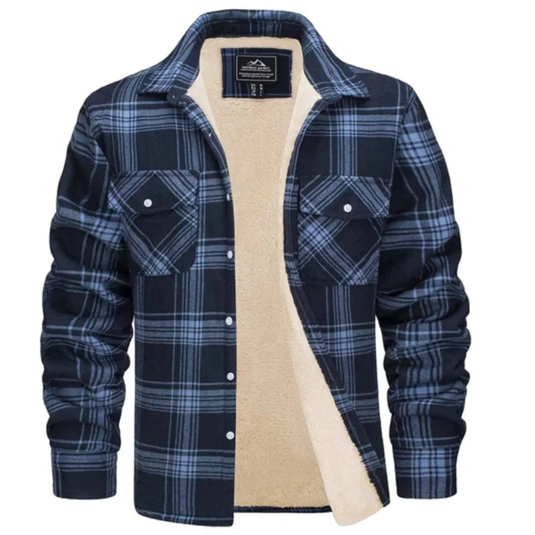 Full-length view of men's plaid shirt jacket showing relaxed fit and autumn-ready styling