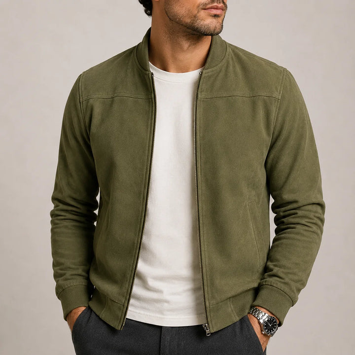 Side profile of men's bomber jacket with slip pockets and relaxed fit silhouette
