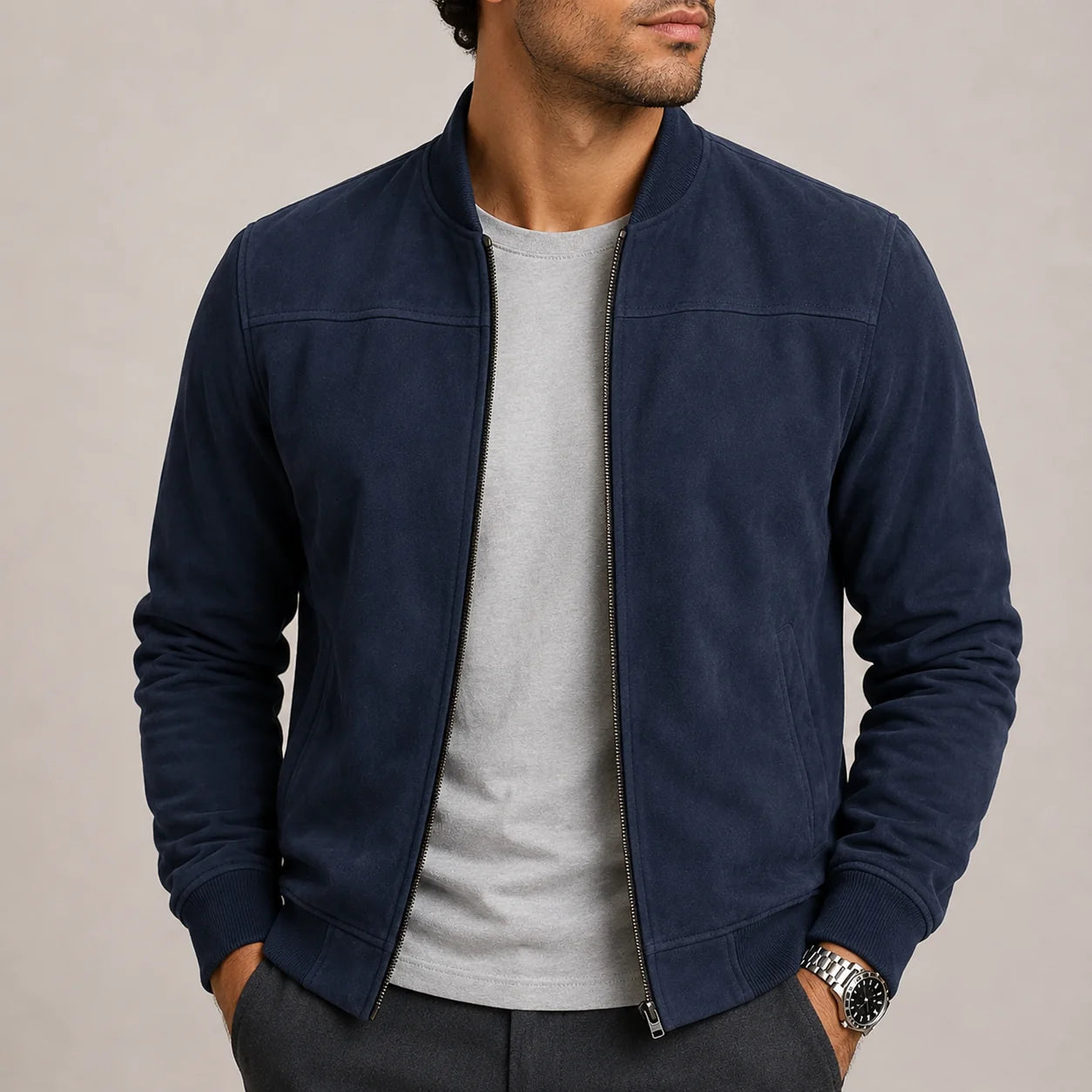 Men's suede bomber jacket styled with dark trousers showing versatile casual outerwear look