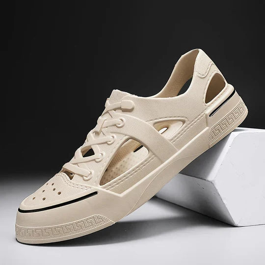 Close-up of men's water trainers featuring quick-dry mesh and rubber grip sole