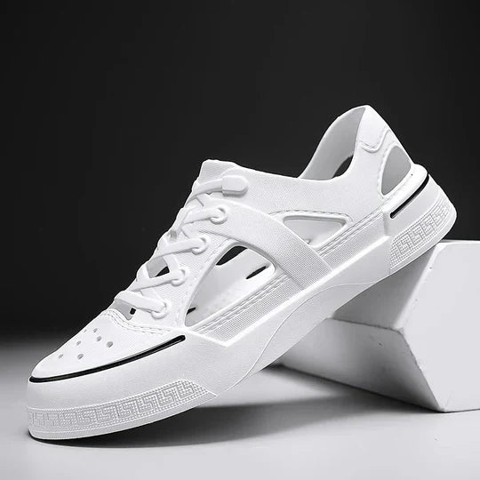 Detail of men's water trainers showing breathable upper and secure elastic closure system