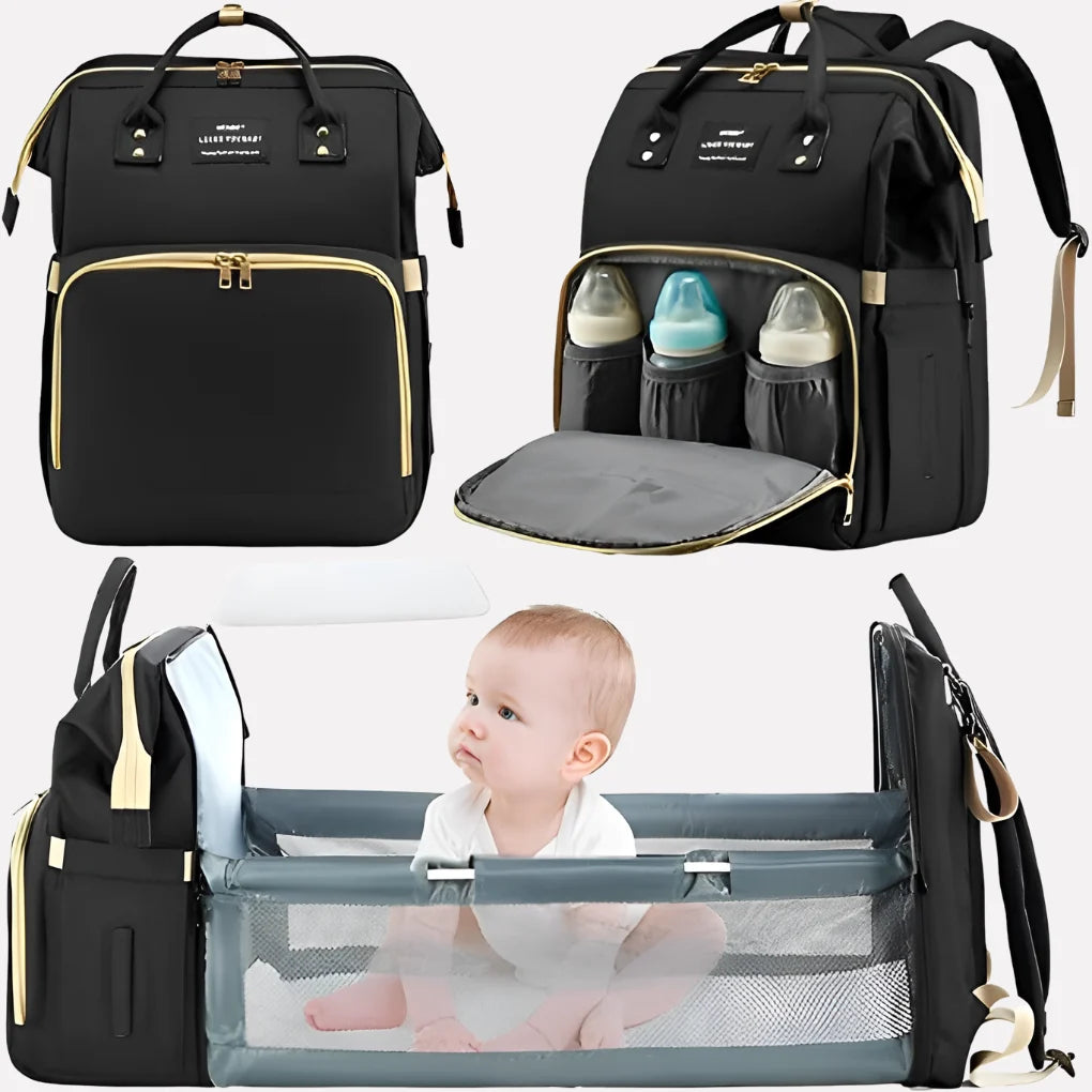 Black nappy bag backpack with beige trim, dual top handles, and organised compartments for parents