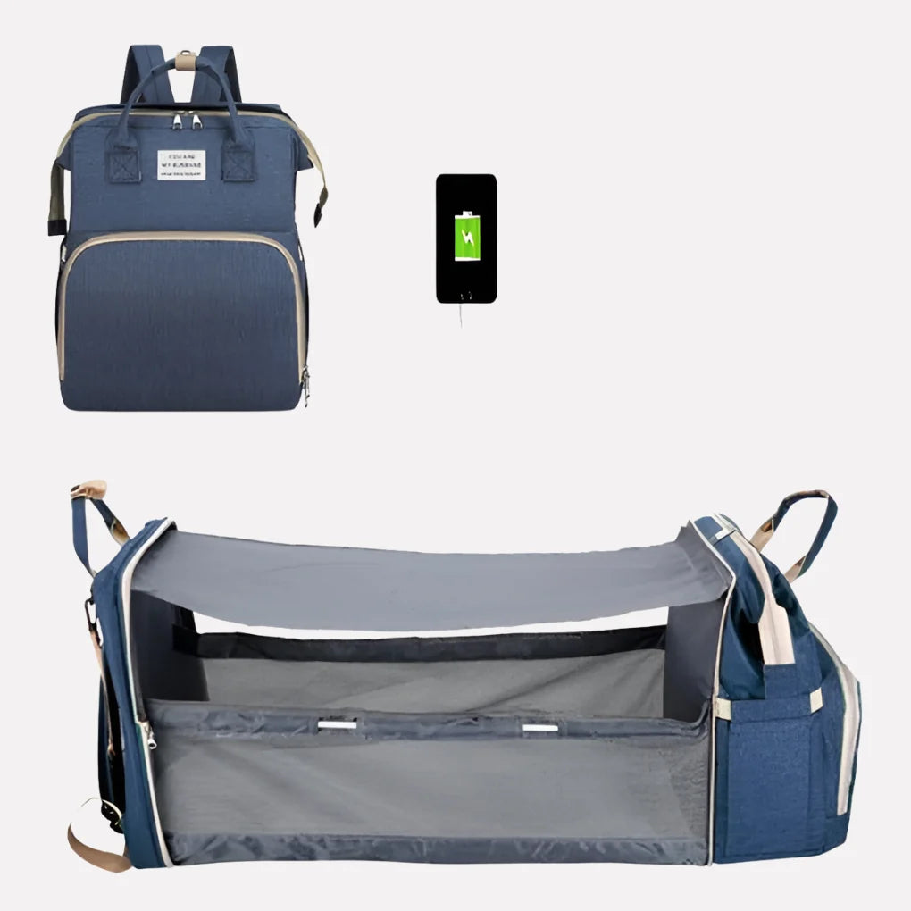 Nappy bag backpack interior showing insulated bottle pockets and fold-out changing mat with storage sections