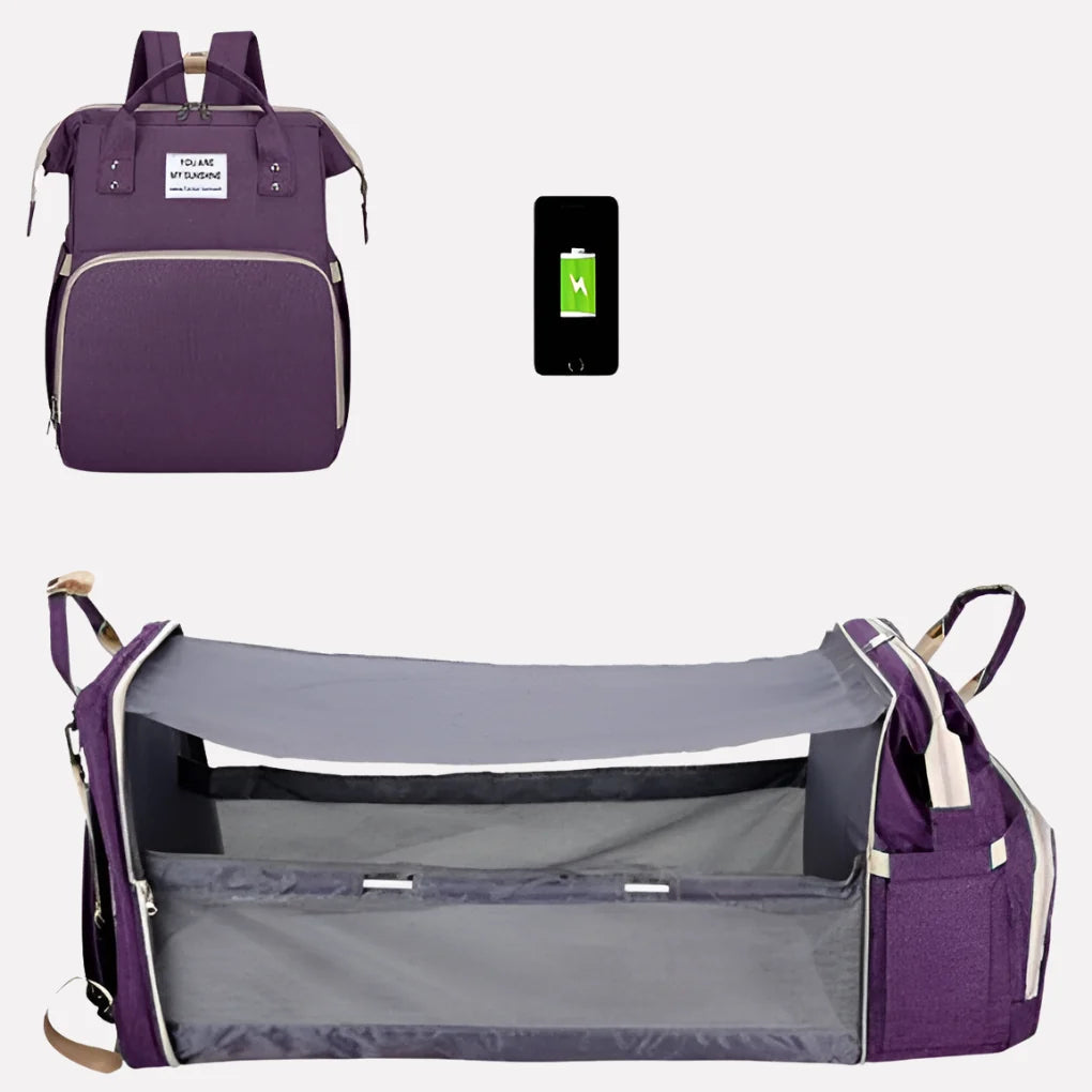 Convertible nappy bag backpack with fold-out changing station and mesh storage for baby essentials