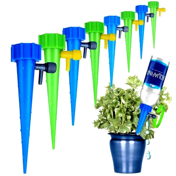 Green automatic watering spike with yellow valve attachment for controlling water flow to potted plants