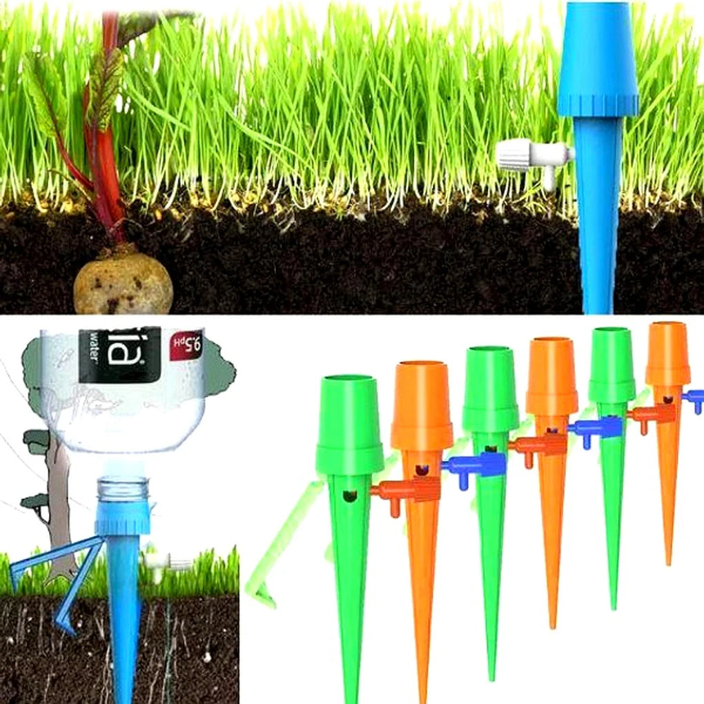 Set of automatic watering spikes in green and blue colours for garden irrigation