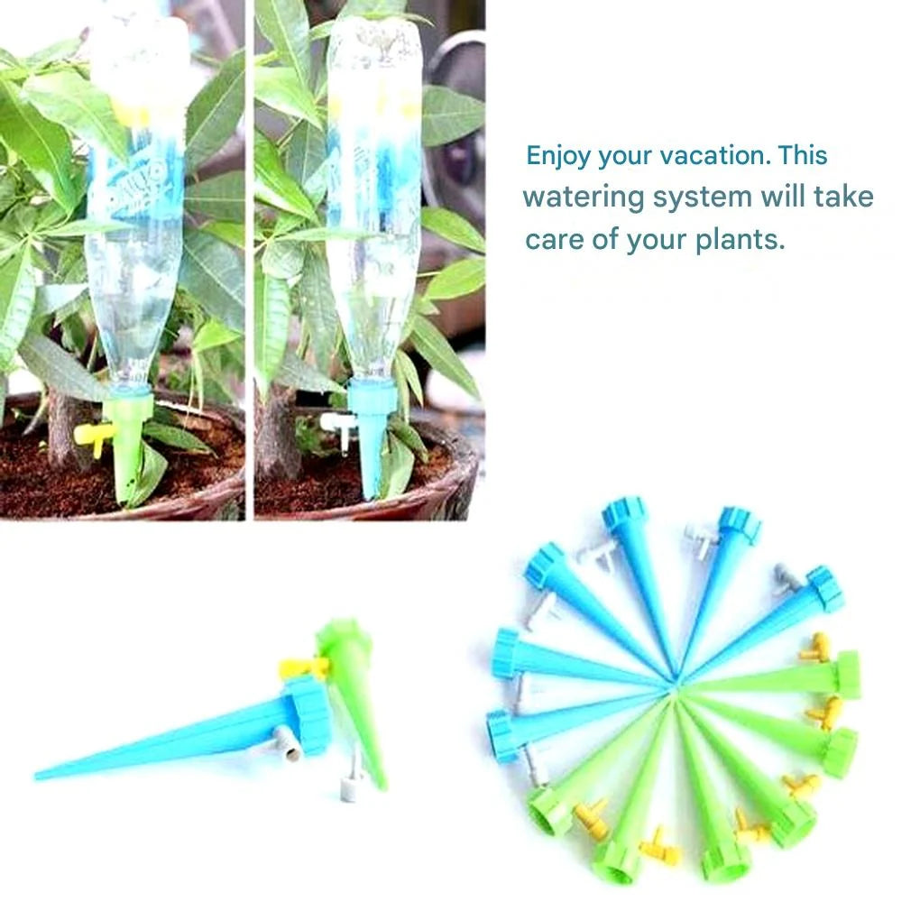 Watering spike system showing adjustable valve and standard bottle compatibility for plant care