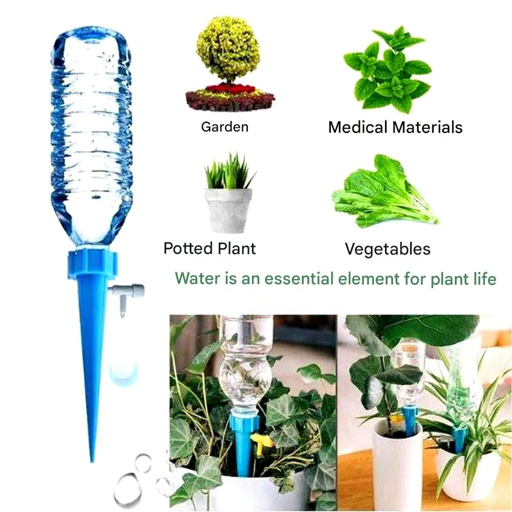 Automatic irrigation spikes in use with potted plant demonstrating hands-free watering solution