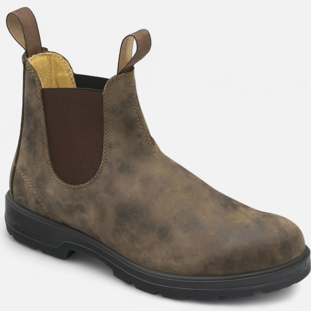 Men's Chelsea boots in rustic brown with elasticated side panels and contrast stitching detail