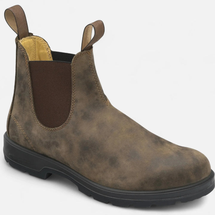 Men's Chelsea boots in rustic brown with elasticated side panels and contrast stitching detail