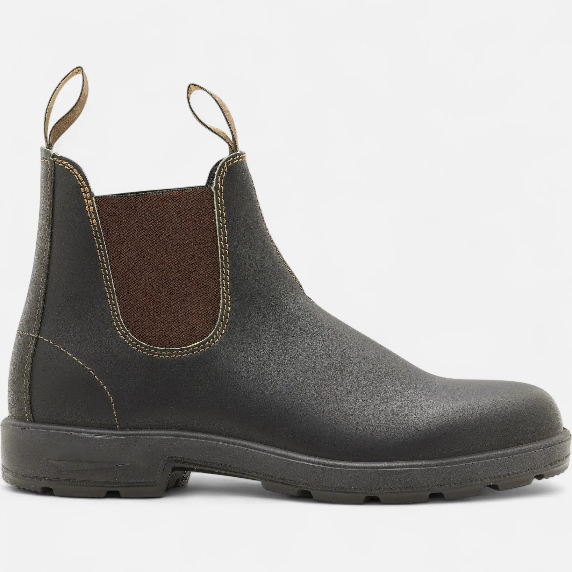 Rustic brown men's Chelsea boots with smooth finish and flexible side panels