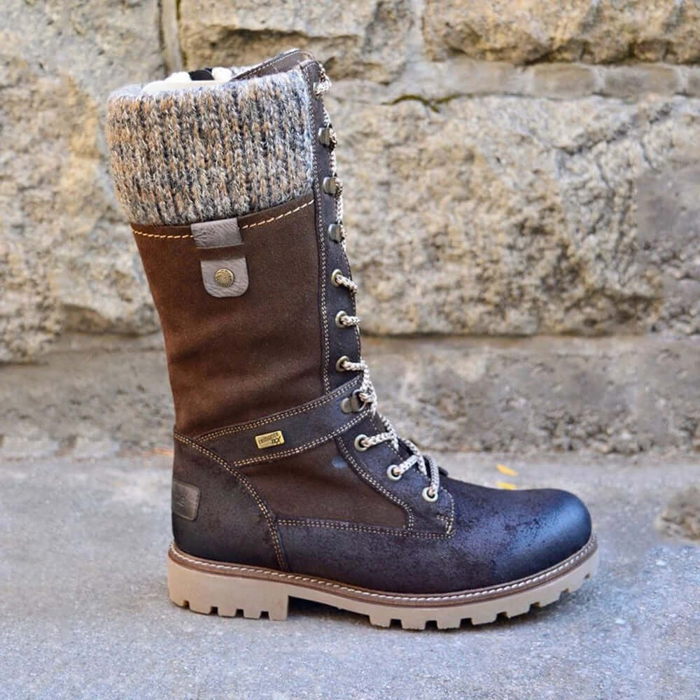 Close-up of men's winter boots showing lace-up front and knit sock cuff detail