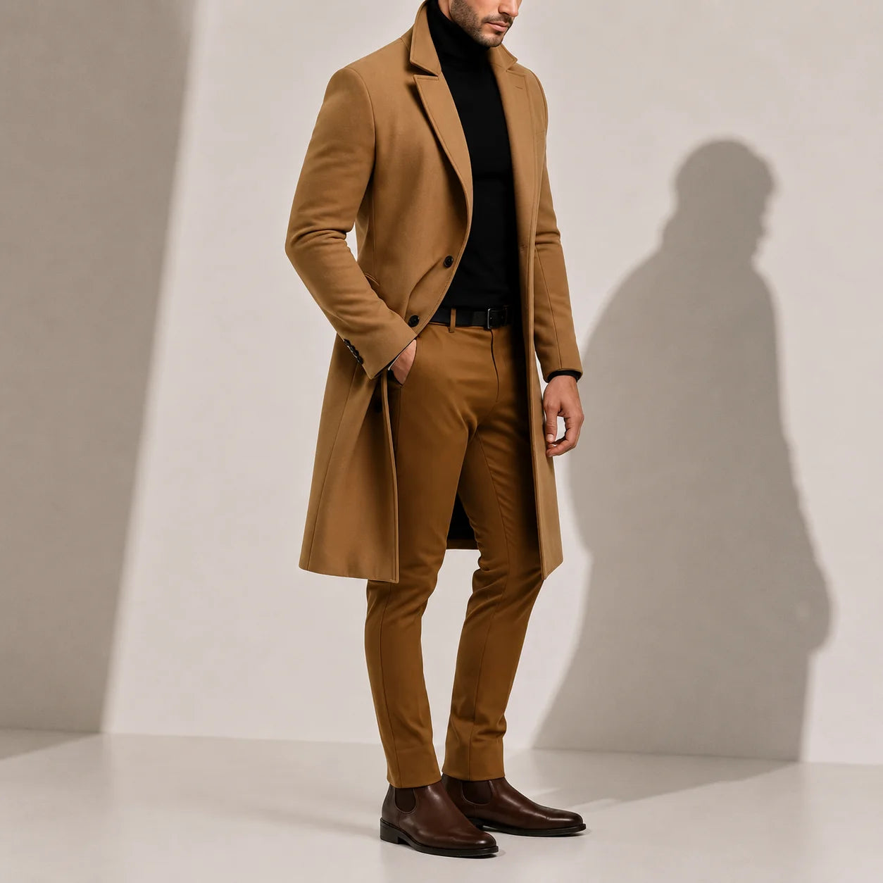 Close-up view of men's long overcoat showing notch lapel collar and structured fabric detail