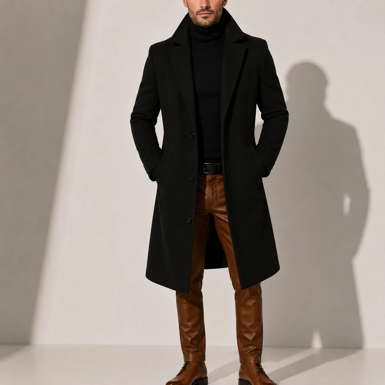 Full-length view of men's long overcoat styled with formal trousers and leather brogues