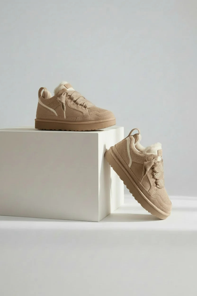 Platform trainers with faux fur collar and tonal laces, three-quarter view