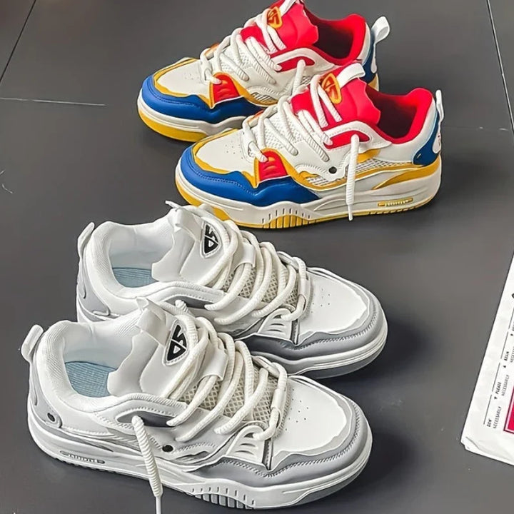Top view of men's chunky trainers showing lace-up closure and mesh panelling design
