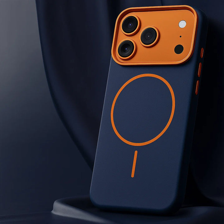 Slim phone case with contrasting orange camera protection and precision-cut button openings for men