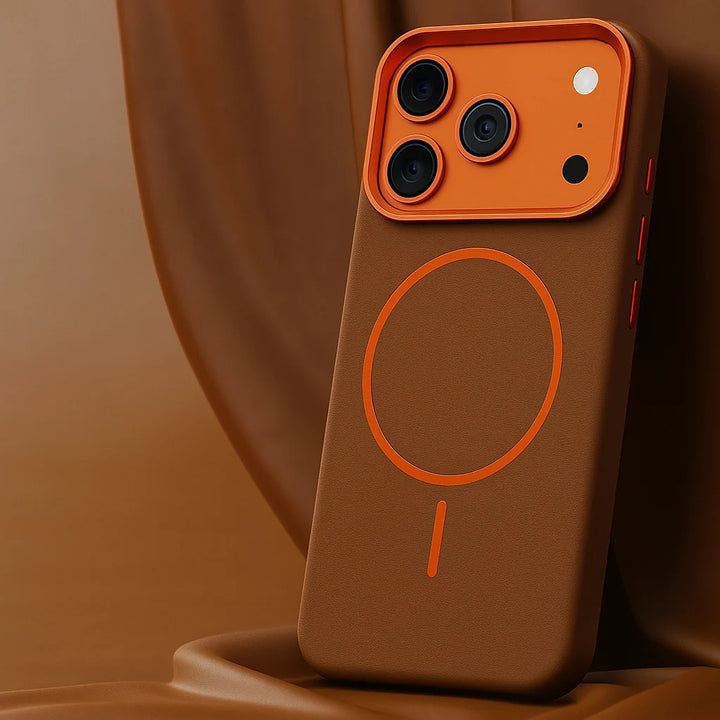 Men's phone case with wireless charging support and drop protection in modern grey and orange design
