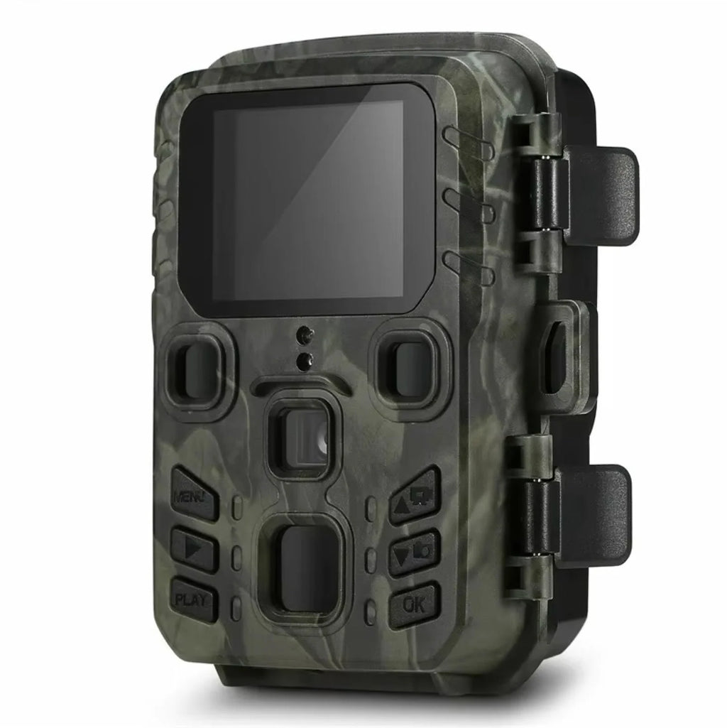 Rugged trail camera with camouflage housing and adjustable straps for all-weather outdoor monitoring