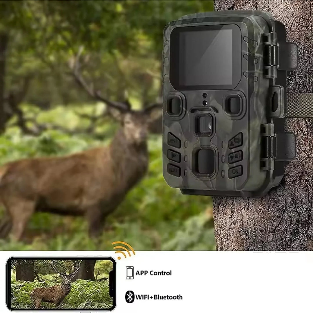 Wildlife observation camera featuring WiFi connectivity and secure mounting straps for outdoor placement