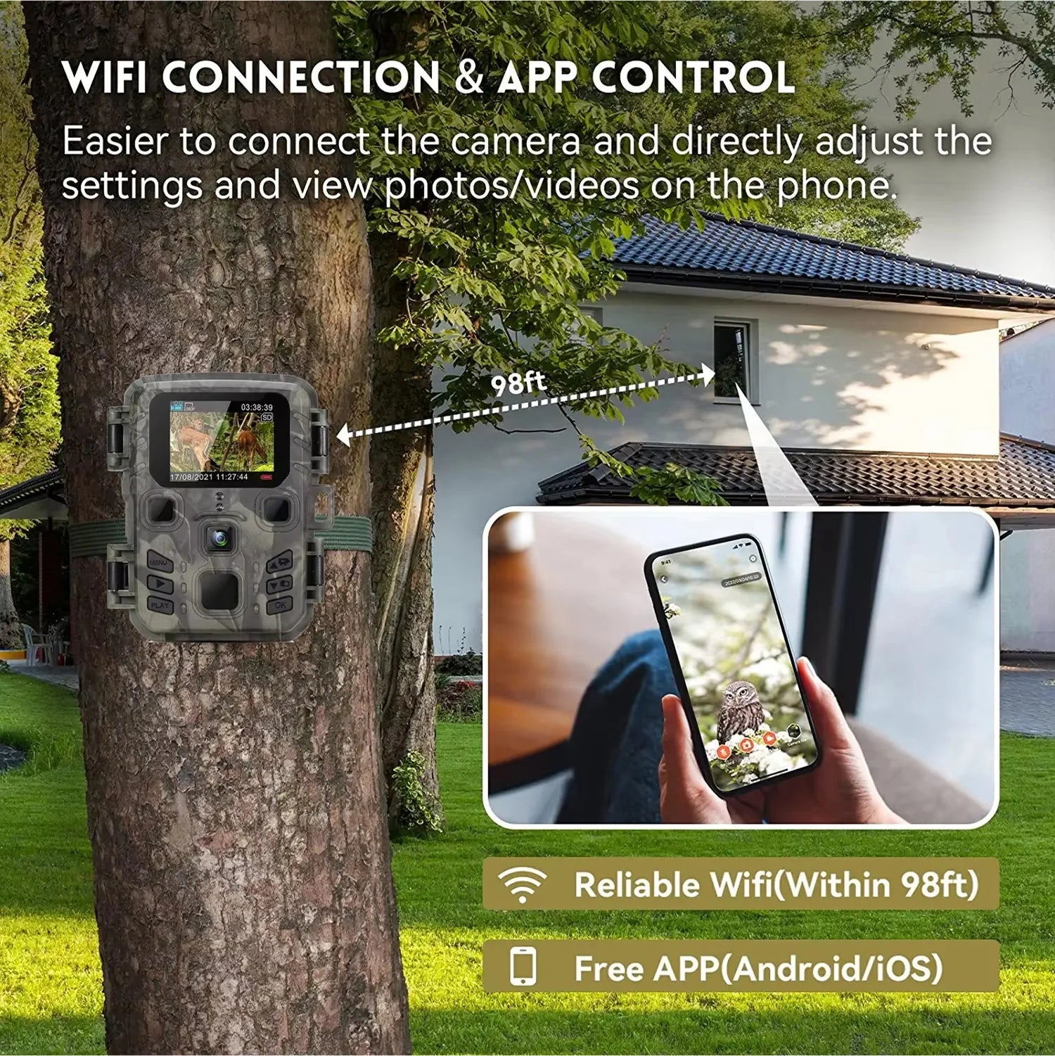 Outdoor monitoring camera with camouflage finish and adjustable mounting straps for wildlife tracking