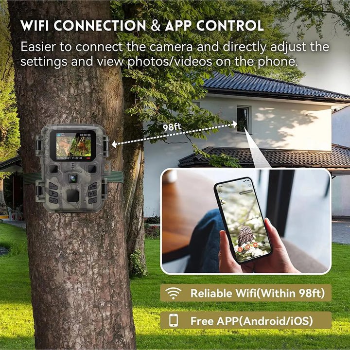 Outdoor monitoring camera with camouflage finish and adjustable mounting straps for wildlife tracking