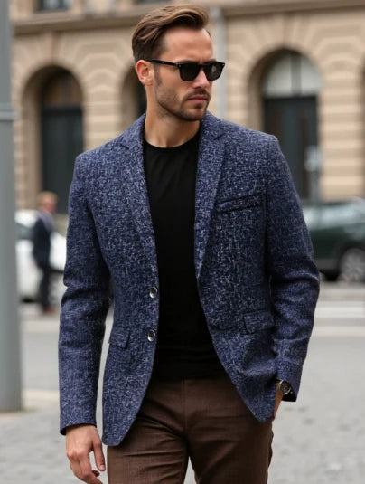 Men's slim fit blazer styled with belt and sunglasses for formal occasion