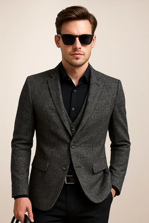 Full-length view of men's grey tailored blazer with modern slim cut