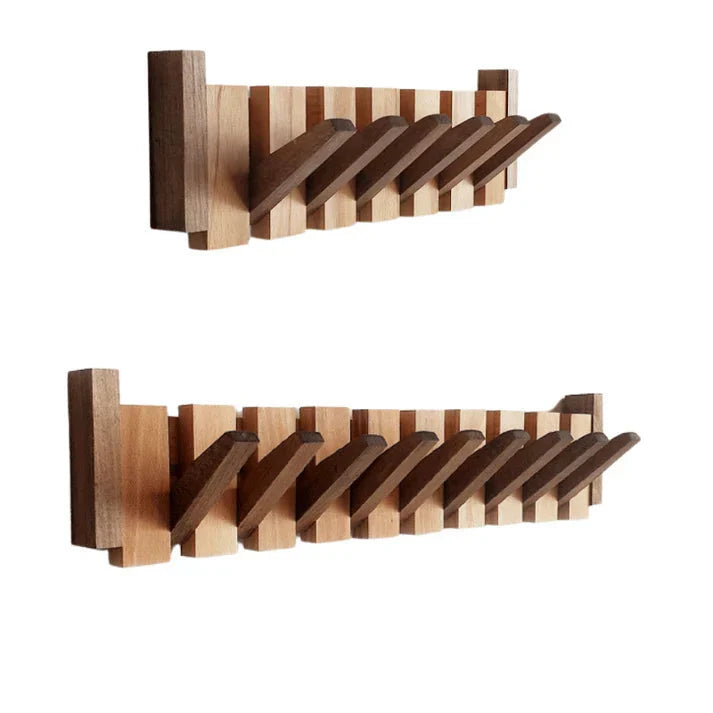 Wall-mounted wooden coat rack with multiple hooks in natural wood finish