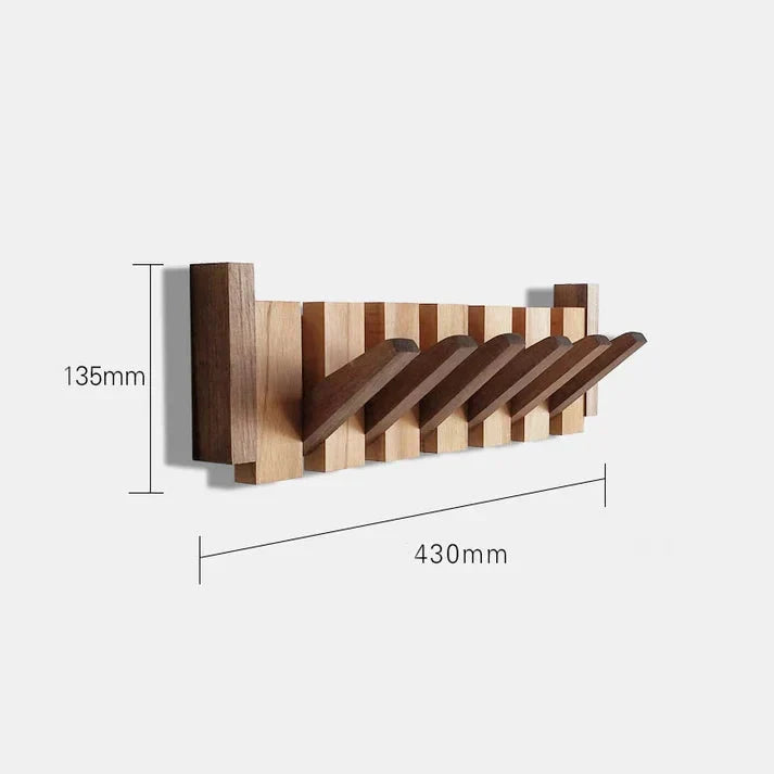 Beech and walnut wood coat rack showing smooth finish and structured construction