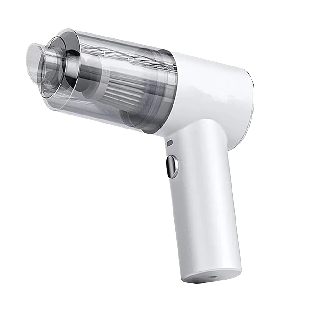 White handheld car vacuum cleaner with transparent dust chamber and LED light on black background
