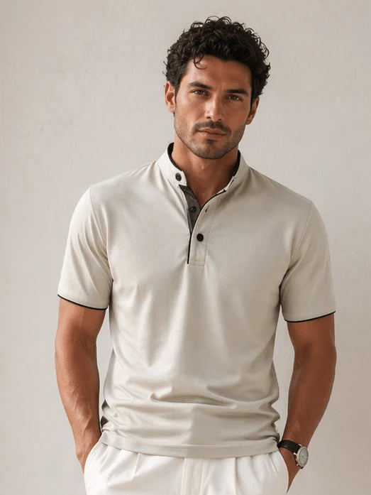 Men's collarless polo shirt in cream with short sleeves and contrast tipping detail worn by model