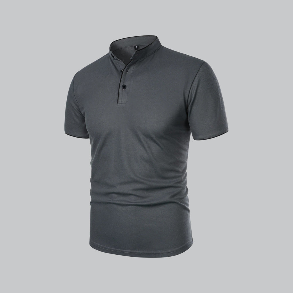 Men's collarless polo in light grey colourway showing alternative styling option