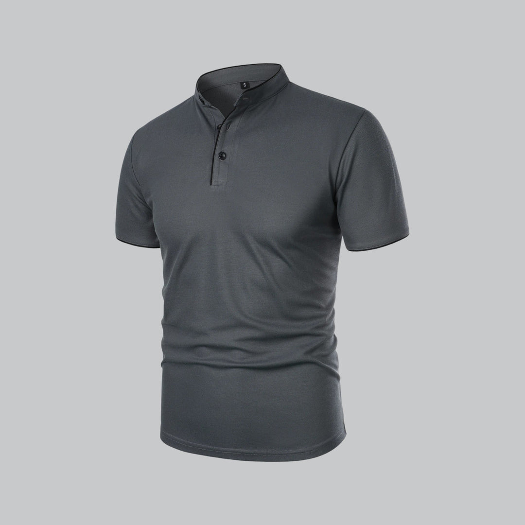 Men's collarless polo in light grey colourway showing alternative styling option