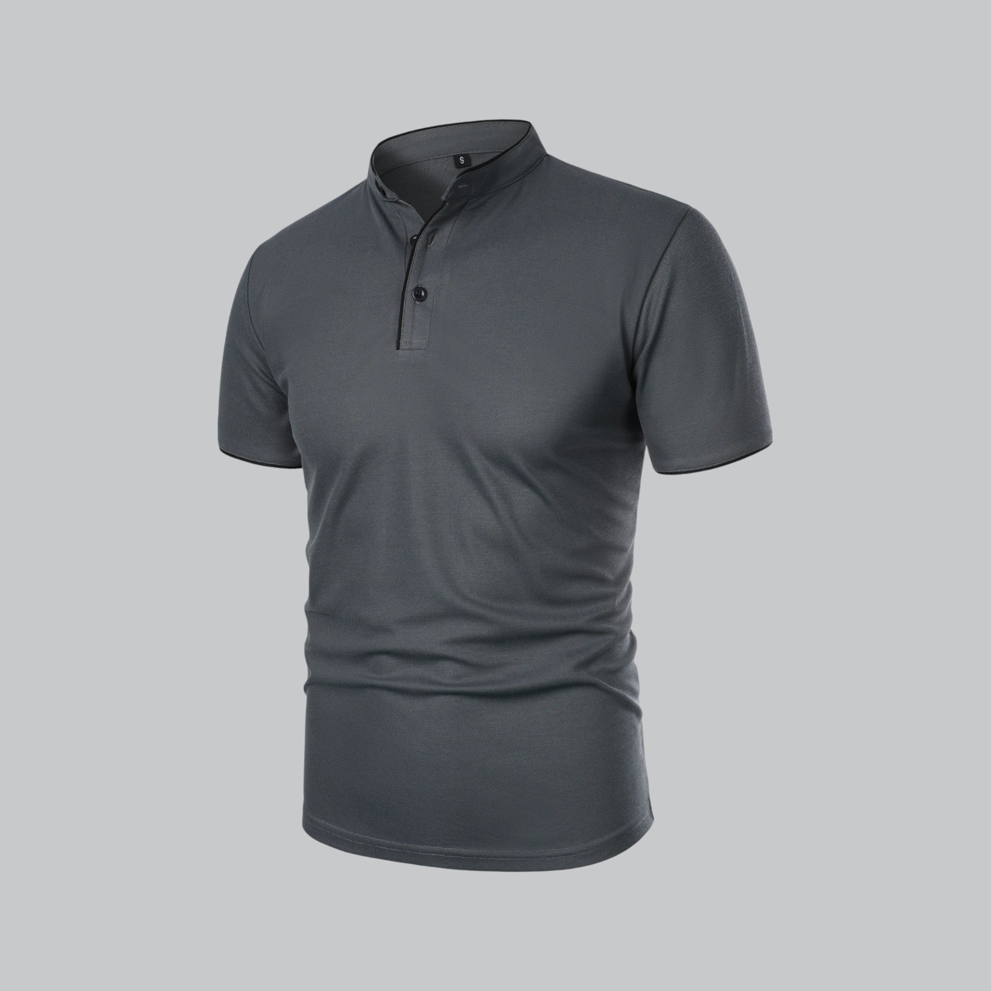 Men's collarless polo in light grey colourway showing alternative styling option