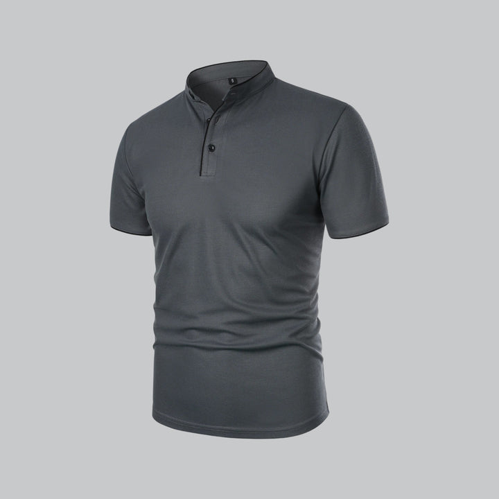 Men's collarless polo in light grey colourway showing alternative styling option