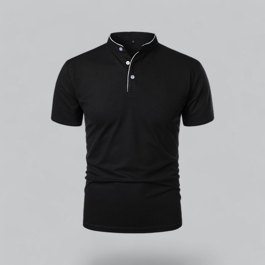 Detail view of men's polo shirt collar band and button placket construction