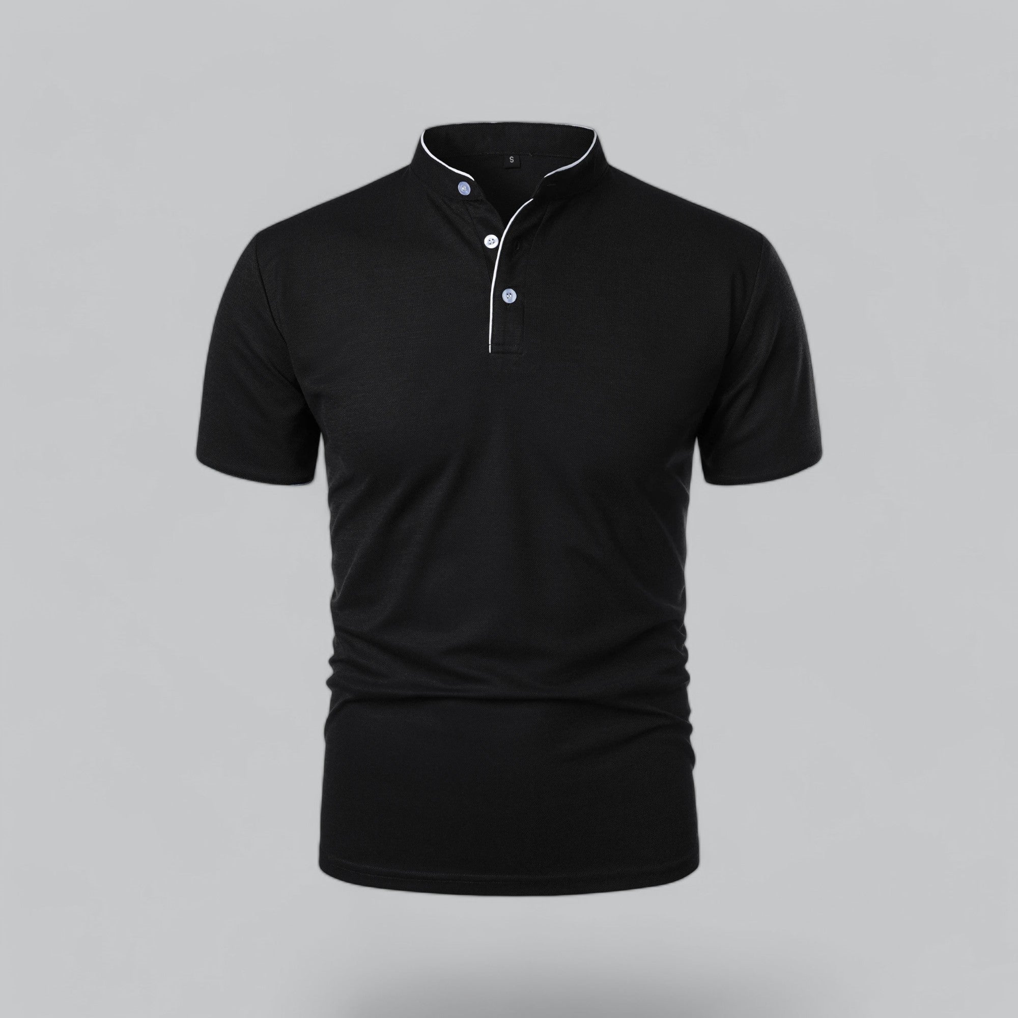Detail view of men's polo shirt collar band and button placket construction