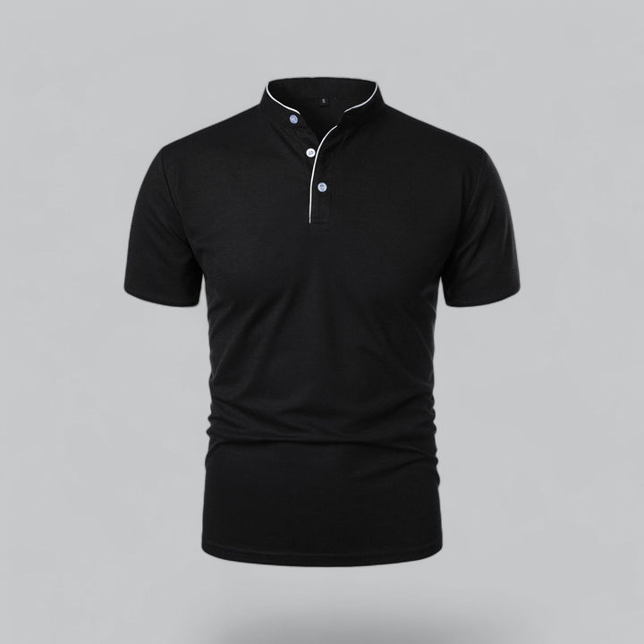 Detail view of men's polo shirt collar band and button placket construction