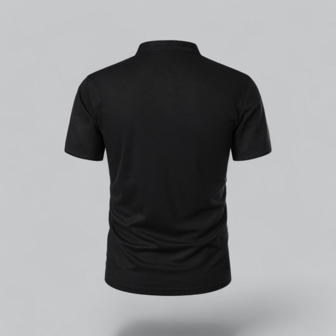 Men's tailored collarless polo shirt shown in dark grey for smart-casual occasions