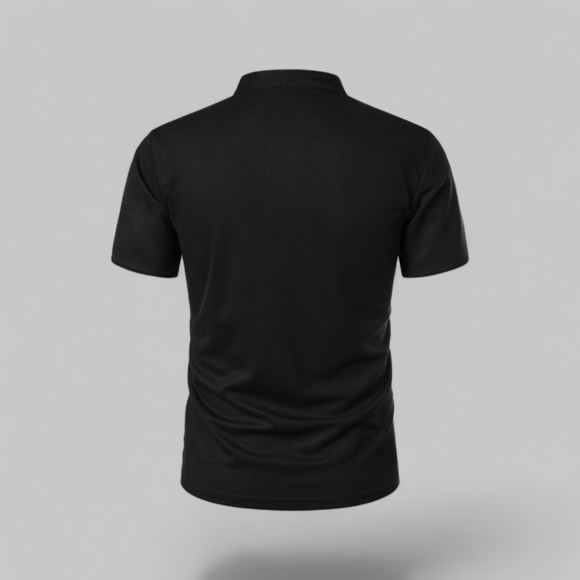 Men's tailored collarless polo shirt shown in dark grey for smart-casual occasions