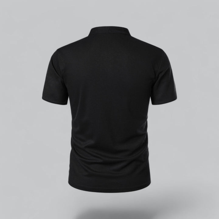 Men's tailored collarless polo shirt shown in dark grey for smart-casual occasions