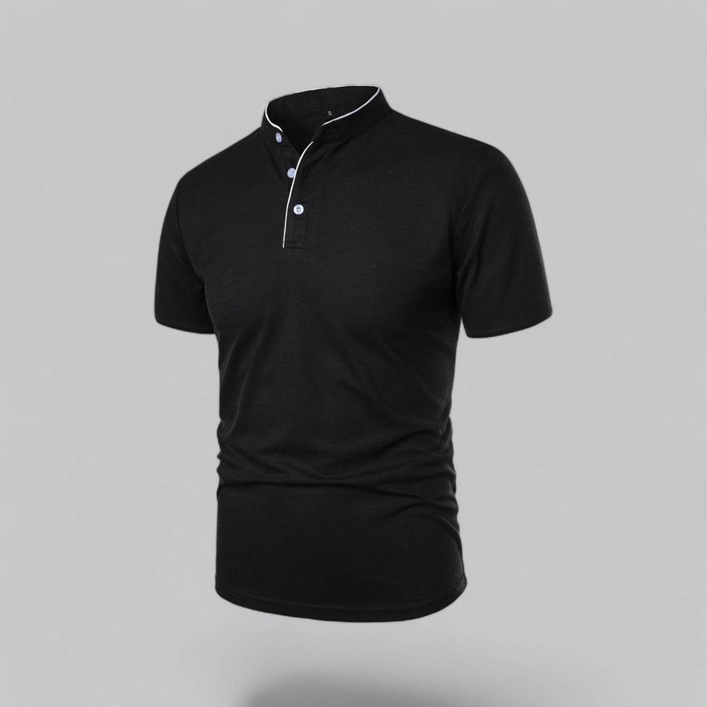 Side angle of men's collarless polo highlighting clean lines and tailored silhouette