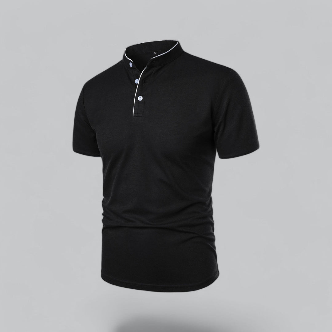 Side angle of men's collarless polo highlighting clean lines and tailored silhouette