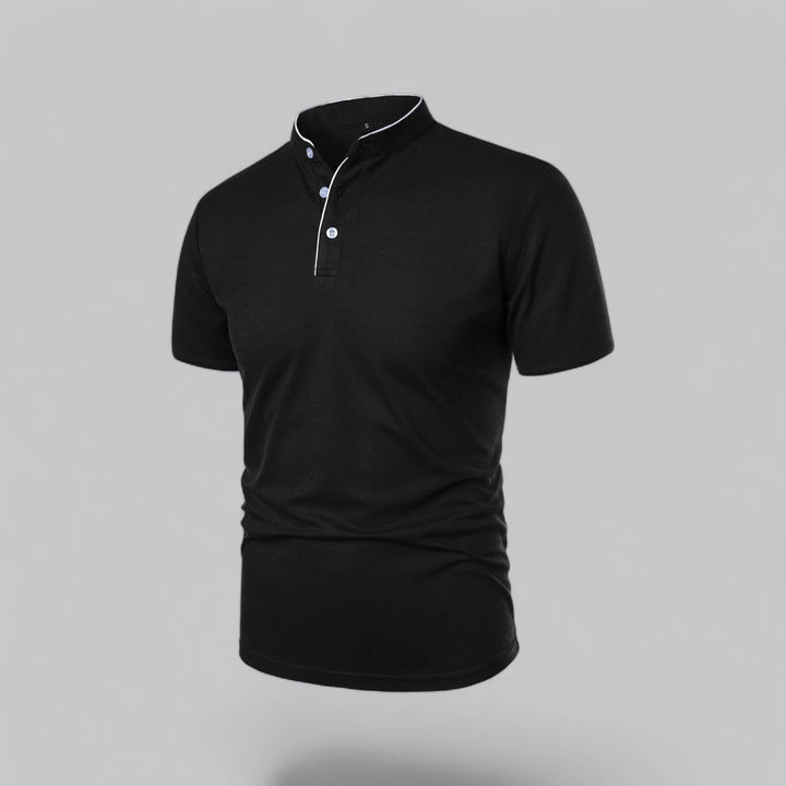 Side angle of men's collarless polo highlighting clean lines and tailored silhouette