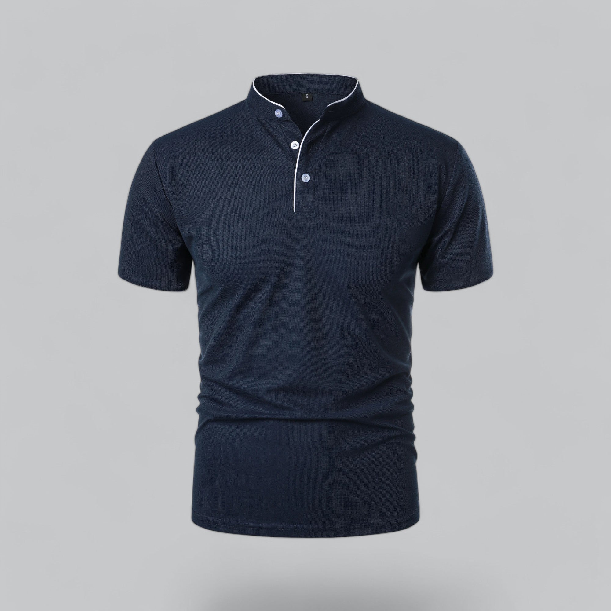 Men's short sleeve polo shirt in navy blue colourway paired with trousers