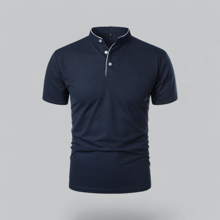 Men's short sleeve polo shirt in navy blue colourway paired with trousers