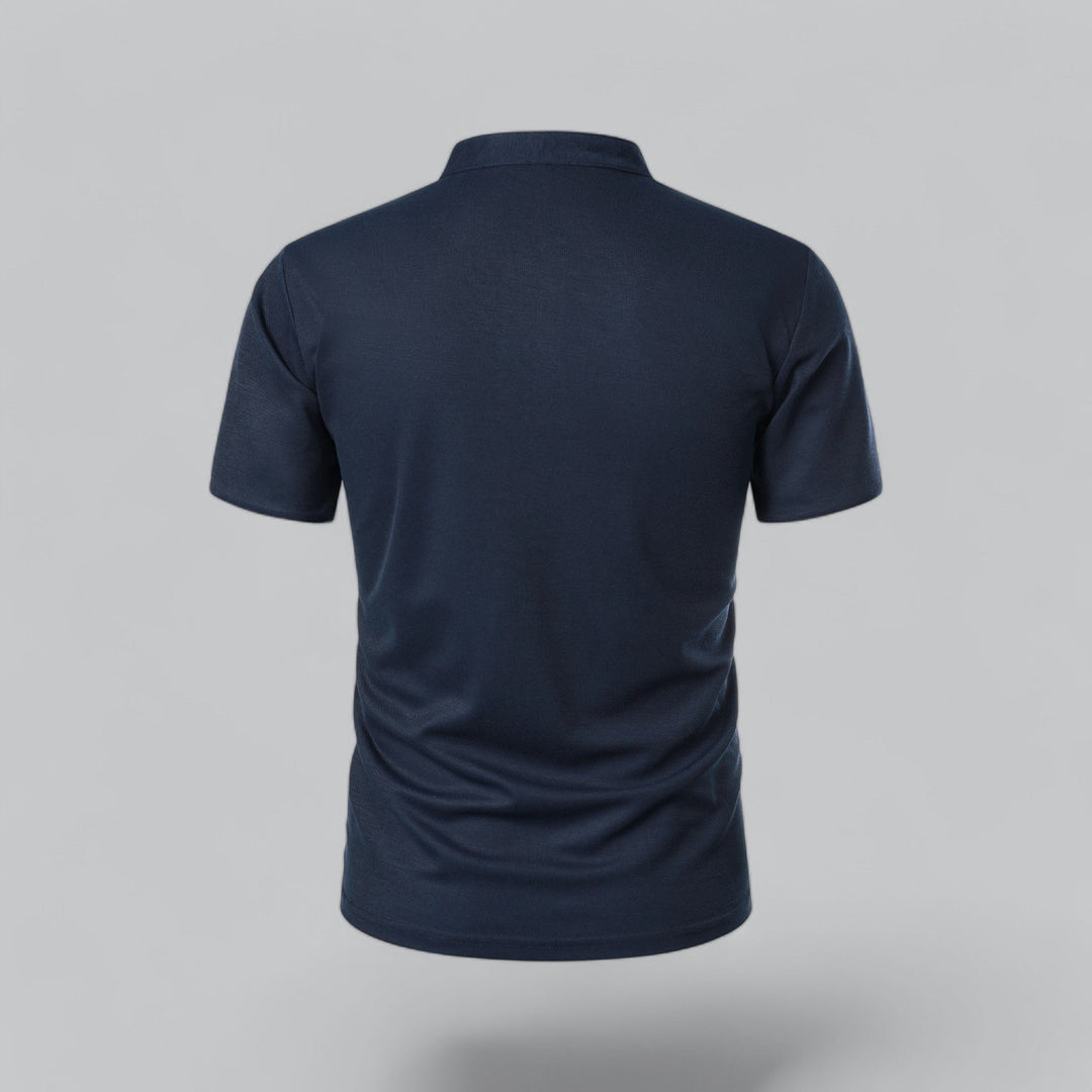 Close-up of men's collarless polo showing contrast tipping and fabric quality