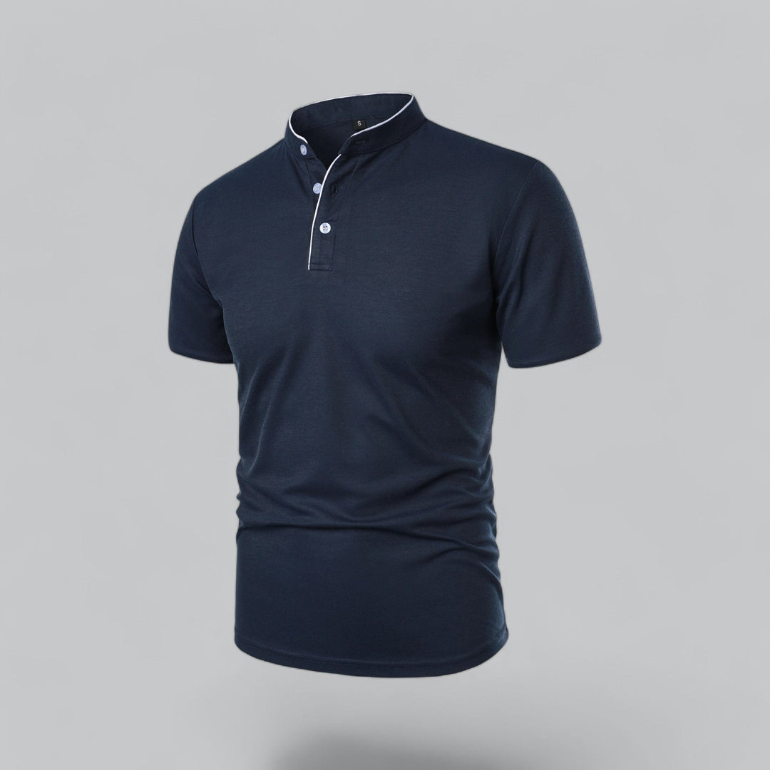 Men's collarless polo shirt in black showing versatile styling for evening wear