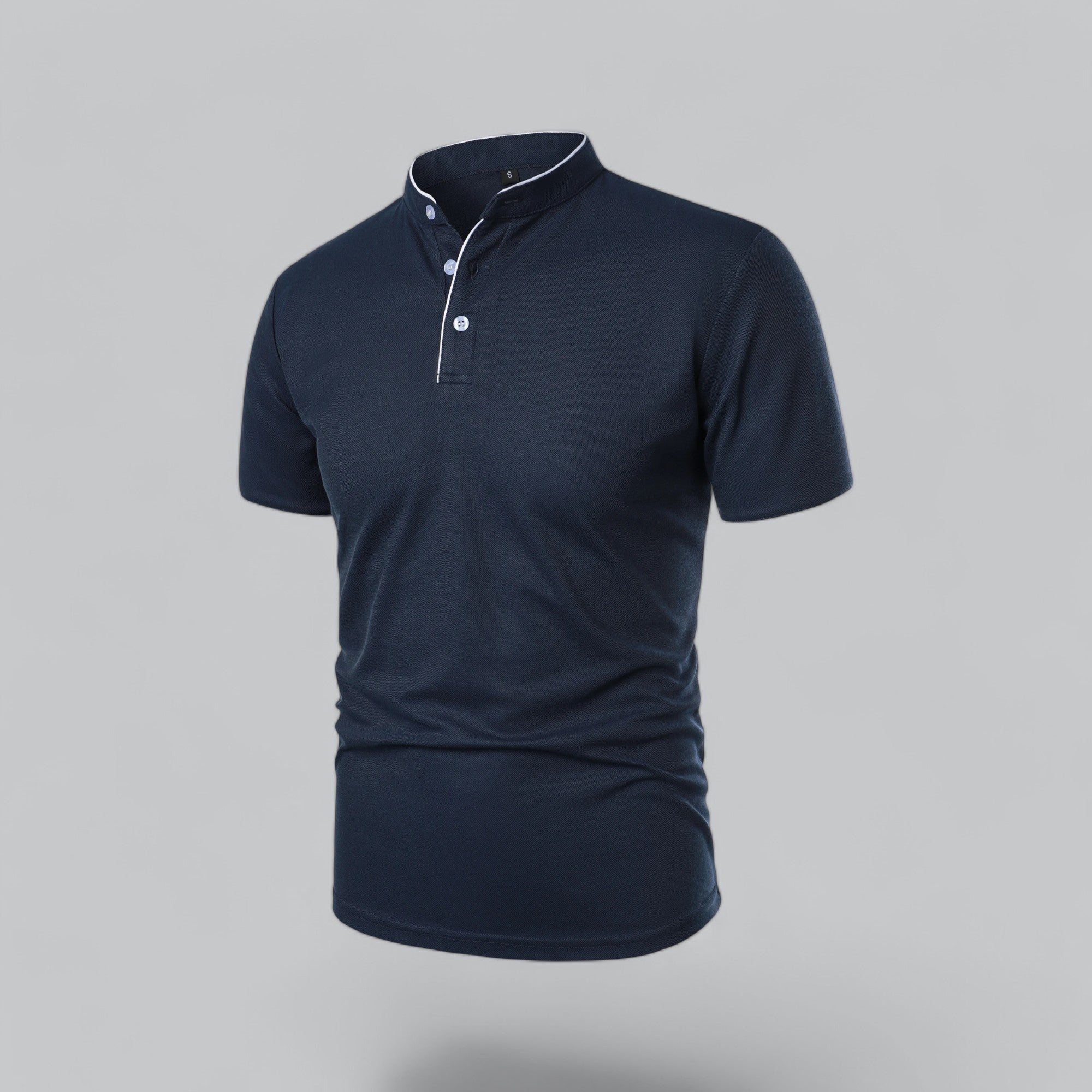 Men's collarless polo shirt in black showing versatile styling for evening wear